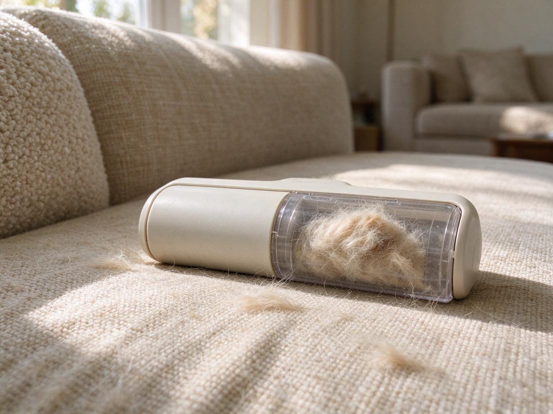 The Tufthaven Roller lying on a sofa cushion with pet hair collected in its clear chamber